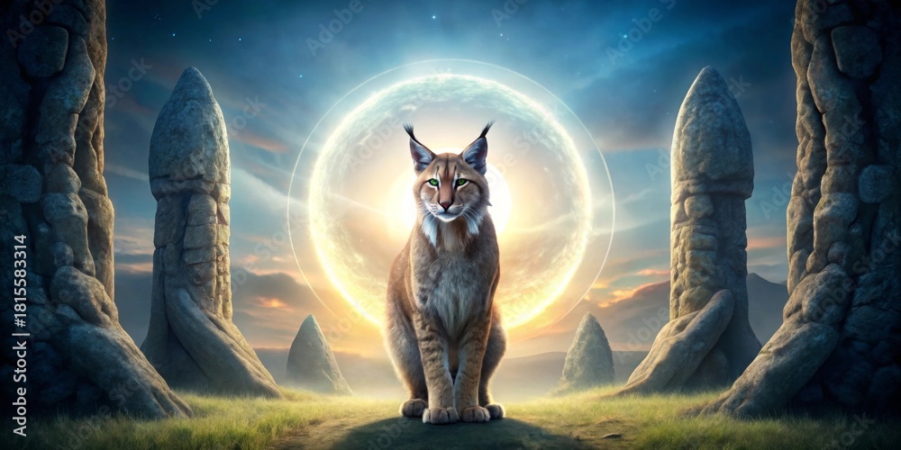 Obraz premium A majestic lynx sits serenely before a luminous celestial orb, framed by ancient, enigmatic stone monoliths at sunset in a mystical landscape