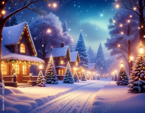 幻想的な雪の森と光のクリスマス背景 – 冬・イルミネーション・ボケ表現