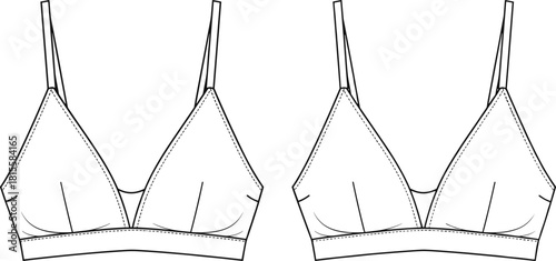 Bralette technical sketch, triangular cups, seam and dart details, underband support, cad drawing flat vector illustration