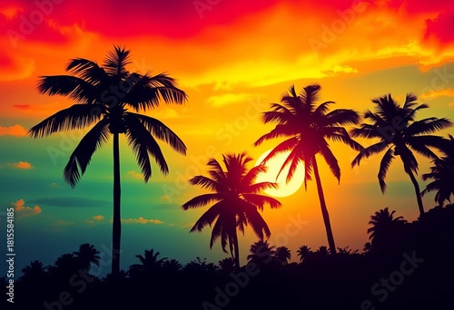 Vibrant sunset hues paint silhouette of tropical palm trees, sky, palm tree silhouette