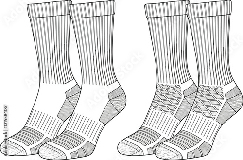 Athletic sock illustration set, performance design details, mesh texture, reinforced heel and toe, flat vector fashion sketch