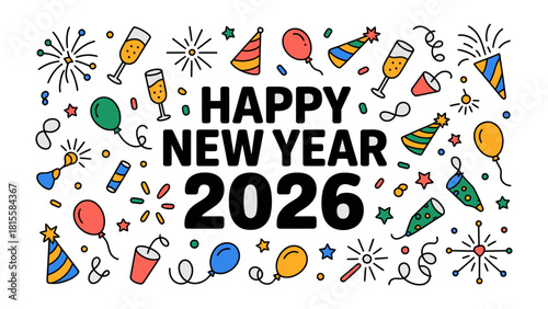 Happy New Year 2026: A vibrant and celebratory illustration announces the arrival of the New Year, adorned with festive elements that evoke joy and anticipation.