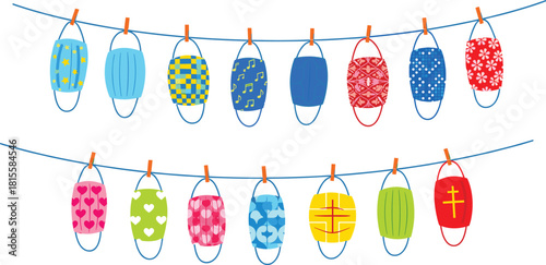 Colorful face masks hanging on clothesline, diverse patterns, clothespins, health theme, cad drawing flat vector illustration