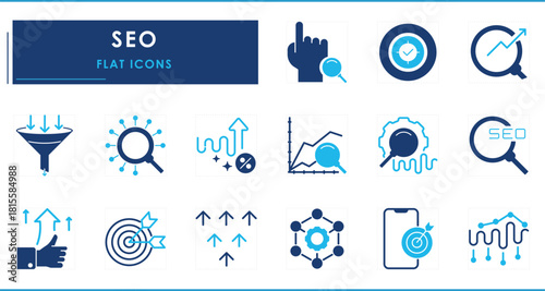 A set of flat icons related to SEO. Search engine optimization, Lens, target, business, graph, research, analysis, and so on.
