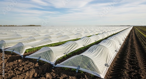 Expansive farmland with protective crop netting shelters young plants