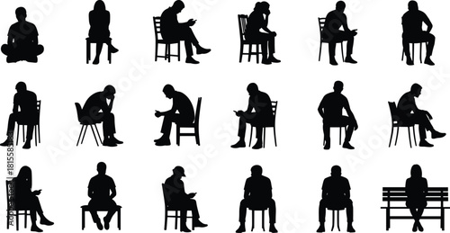 Diverse collection of people silhouettes sitting in chairs or cross-legged, often using mobile devices, symbolizing waiting, relaxation, rest, technology use, and solitude.