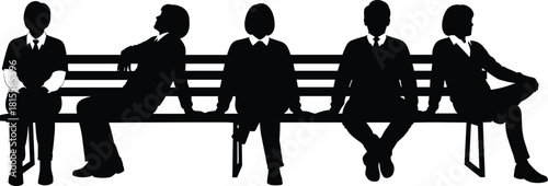 Diverse group of five business people silhouettes sitting on a long public bench, representing waiting, collaboration, conversation, 