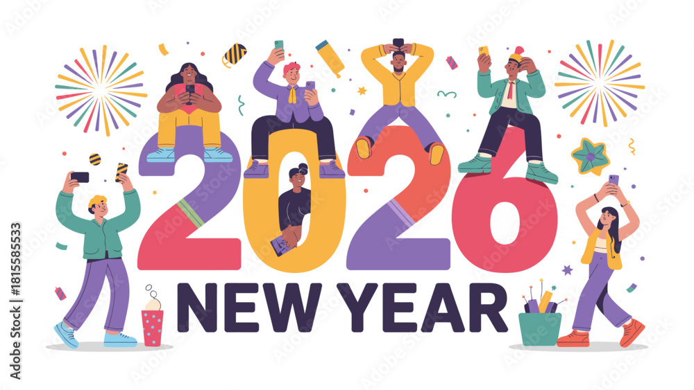Fototapeta premium Vibrant New Year Celebration: A cheerful and diverse group celebrates the dawn of a new year, surrounded by festive elements like fireworks and confetti. 
