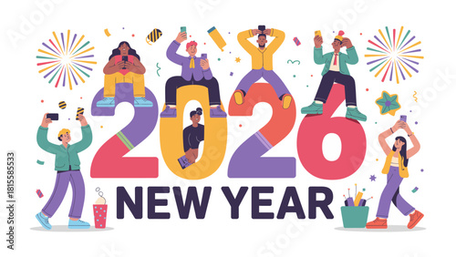 Vibrant New Year Celebration: A cheerful and diverse group celebrates the dawn of a new year, surrounded by festive elements like fireworks and confetti. 