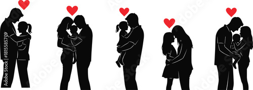 Family love silhouette set, couple with child vector, parental care concept, emotional bond design, cad drawing flat vector illustration