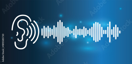 Stylized ear icon with sound waves on dark blue gradient background with glowing lights