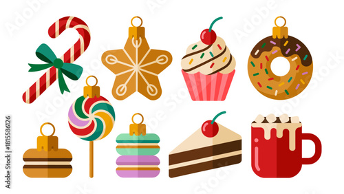 Festive Sweets: Delightful assortment of holiday treats, from candy canes to cupcakes, each radiating festive cheer and inviting indulgence.