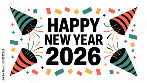 Happy New Year 2026 Celebration: A vibrant and colorful design, with party poppers and confetti celebrating the arrival of the new year, filled with festive cheer and anticipation for new beginnings.