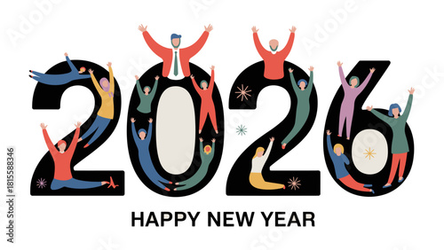 New Year 2026: A vibrant and colorful illustration of the year 2026, creatively incorporating figures of people to symbolize the spirit of celebration and hope for the new year.