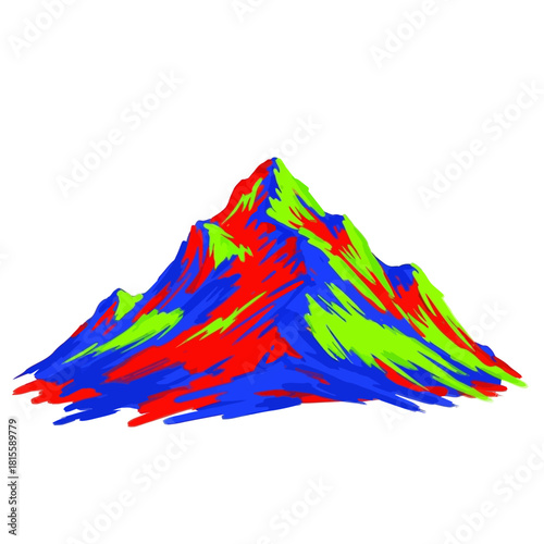 A vibrant, abstract illustration of a mountain peak rendered with bold, colorful brushstrokes of red, blue, and green against a white background.