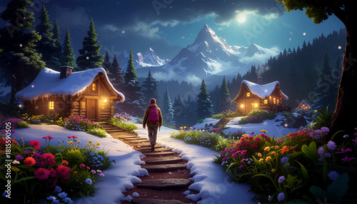 Moonlit snowy village glowing with warm cabin light. Winter fantasy cottages shining under bright moon. Enchanted snowy trail lit with warm cabin glow. Dreamy winter mountain village under glowing sky