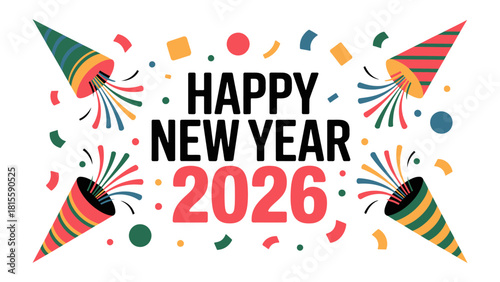 Happy New Year 2026: A vibrant and colorful design announces the arrival of the New Year, incorporating festive elements and cheerful typography, celebrating new beginnings and joyful celebrations.