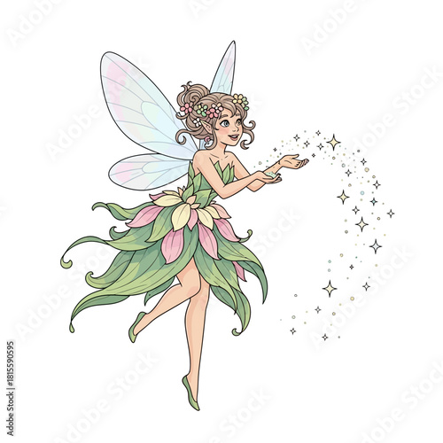 Cute cartoon fairy with leaf dress and sparkling magic.