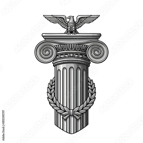 Detailed silver-toned illustration of a classical Ionic column adorned with a laurel wreath and topped by a majestic eagle with spread wings.
