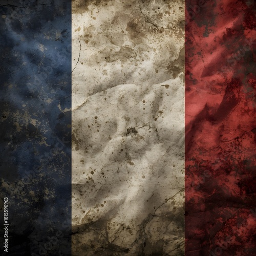 Aged and weathered french tricolored flag with textured surface