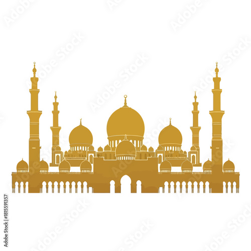 Golden silhouette of a majestic mosque with multiple domes and tall minarets, showcasing intricate Islamic architecture.