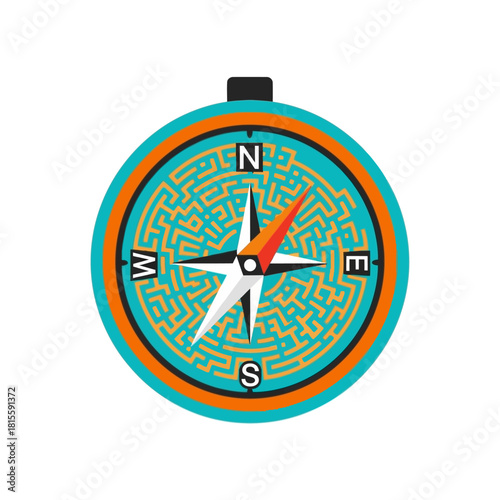 A vibrant flat design illustration of a compass with a complex maze pattern on its face, featuring cardinal directions and a red and white needle.