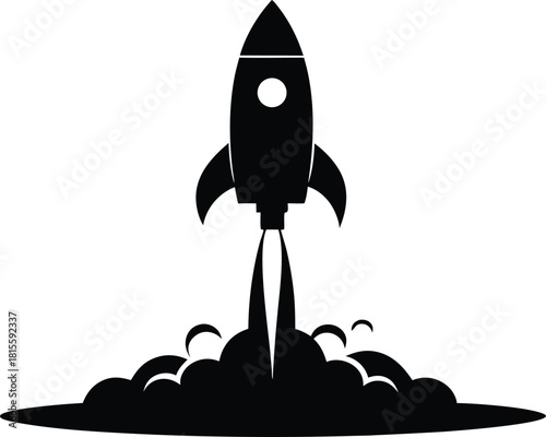 Black rocket launching with smoke and flames vector illustration