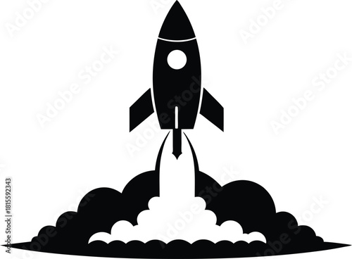 Black rocket launching with smoke and flames vector illustration