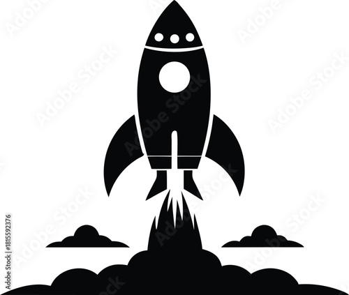 Black rocket launching with smoke and flames vector illustration