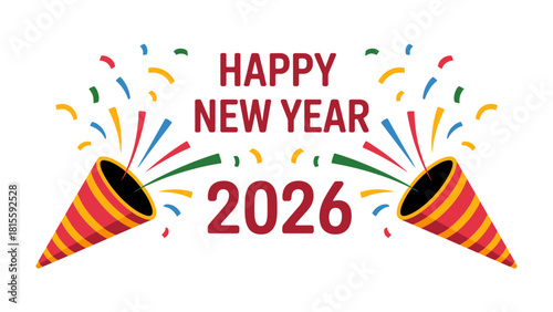 New Year 2026 Celebration: A festive illustration of the upcoming New Year, featuring exploding party poppers and a message of joy and anticipation.