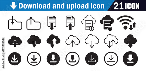 Download and Upload Icon Set. Cloud, Folder, Arrow Symbols. Vector Illustration