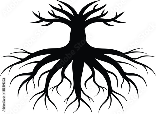 Black silhouette of a bare tree with visible roots vector illustration