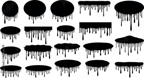 Black Dripping Ink Vector Set, Isolated Paint Spots, Floating Oil Blots Illustration, Ink Splatter Black Stain