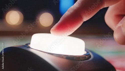 Finger presses red trivia quiz game show buzzer button