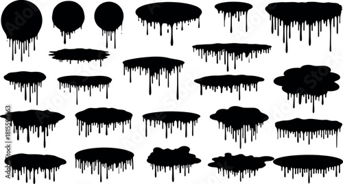 Black Dripping Ink Vector Set, Isolated Paint Spots, Floating Oil Blots Illustration, Ink Splatter Black Stain