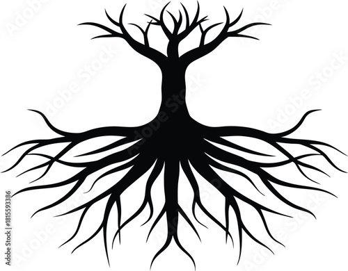Black silhouette of a bare tree with visible roots vector illustration