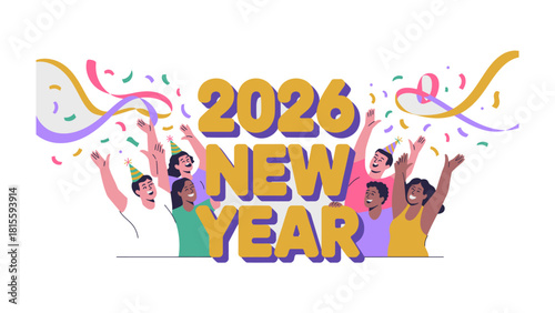 New Year Celebration 2026: A vibrant and colorful depiction of a diverse group of people celebrating the arrival of the year 2026 with confetti and streamers. A picture of optimism and hope.