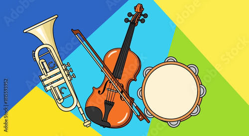 Musical Instruments Collection - Trumpet, Violin, and Tambourine.
