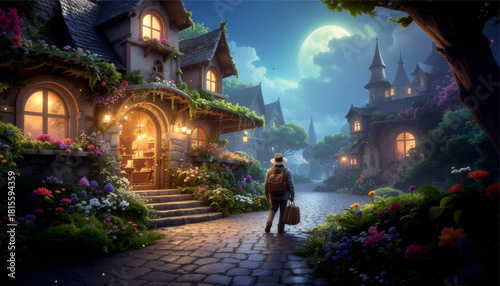 Enchanted moonlit village glowing with warm charm. Cozy fantasy homes shining under the full moon. Magical night village filled with warm glowing windows. Moonlit storybook town glowing