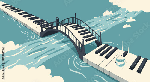 Piano key bridge over water connecting musical landscapes.