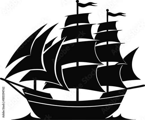Classic tall ship silhouette with full sails vector illustration