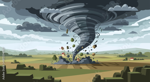 Powerful Tornado Swirling Through Rural Landscape with Debris.