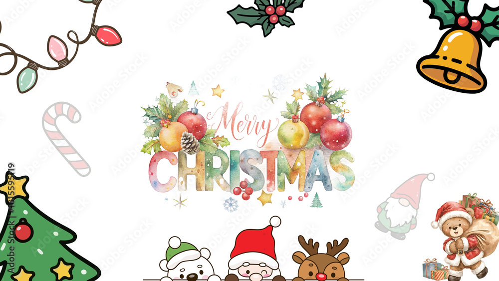 Fototapeta premium Festive Merry Christmas greeting with adorable cartoon characters, perfect for holiday invitations and cheerful seasonal promotions, bringing joy and whimsical charm to your designs