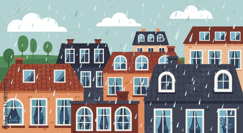 Rainy day in a charming European town with colorful buildings.