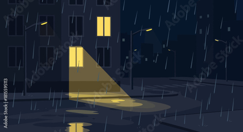 Rainy Night City Street with Building and Streetlight.