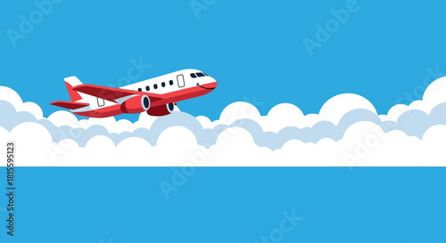 Red and white passenger airplane flying through a clear blue sky.