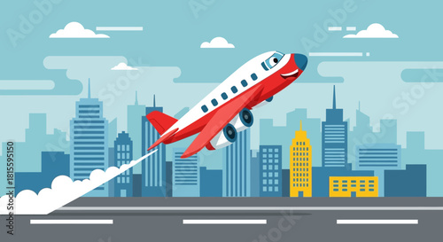 Red and white cartoon airplane taking off from a runway.