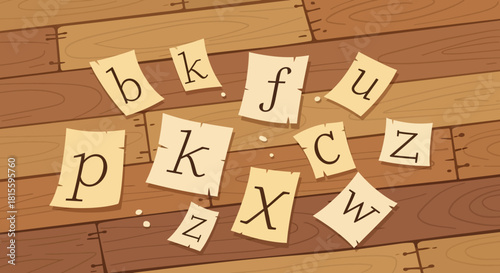 Scattered lowercase alphabet letters on torn paper pieces.