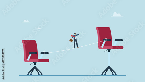 Businessman employee walk the line to higher job position chair. Career growth or job promotion, personal development and improvement, work responsibility challenge or ambition to be success.