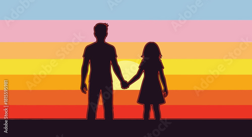 Silhouette of a father and daughter holding hands, symbolizing family bond and love.